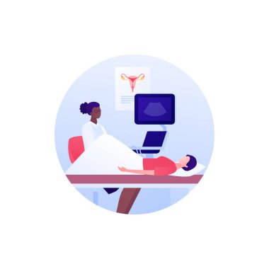 Tıbbi ultrason prosedürü konsepti. Vektör düz sağlık hizmeti çizimi. Kadın üreme sistemi ve rahim tanısı araştırması. Ultrasonografi cihazı olan kadın doktor ve hasta yatakta yatıyor.