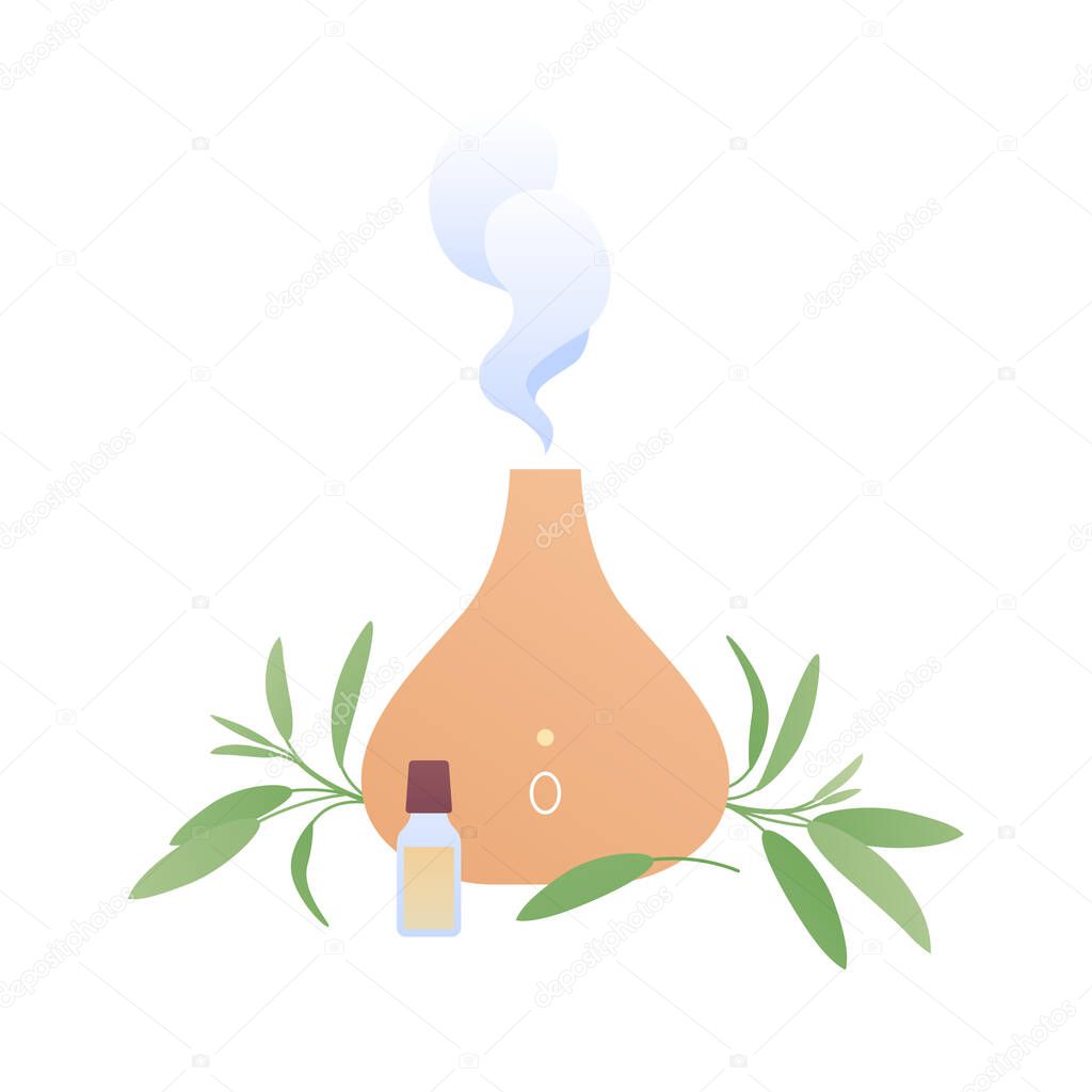 Aromatherapy, wellness lifestyle and holistic remedy concept. Vector flat illustration. Oil diffuser and humidifier with leaves symbol isolated on white background. Design element for beauty industry