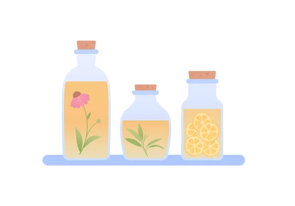 Aromatherapie Und Pflanzliche Medizin Konzept Vektorflache Illustration Glasflasche Mit Gelber — Stockvektor