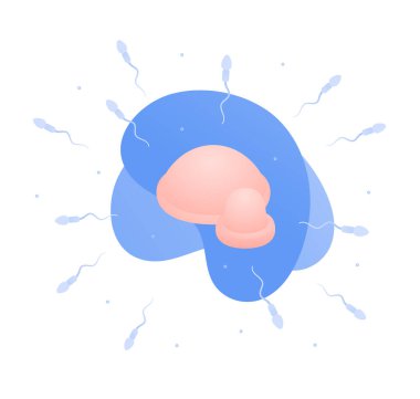 Doğum kontrol yöntemi konsepti. Vektör düz renk çizimi. Kare kompozisyon. Beyaz arka planda servikal kapak ve diyafram izole edilmiş. Sperm sembolü. Doğum kontrolü ve hamileliği önleme.