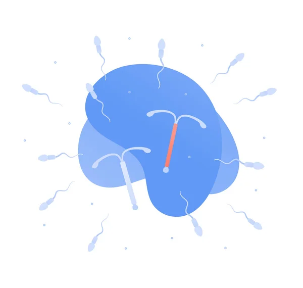避孕方法概念 矢量平面彩色图片 正方形的构图宫内节育器和宫内节育器分离于白色 精子的符号 节育和怀孕预防 — 图库矢量图片