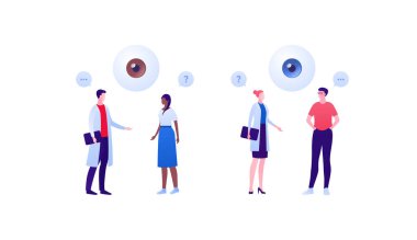 Göz hastalıkları ve oftalmoloji konsepti. Vektör düz sağlık çizelgesi. Erkek doktor ve hasta karakteri beyazla izole edilmiş. Sağlık hizmetleri için tasarım.