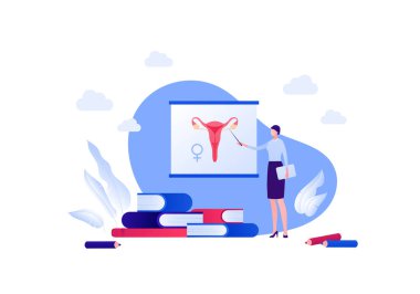 Seks eğitimi ve kadın üreme sistemi biyoloji sınıfı konsepti. Vektör düz insan illüstrasyonu. Çizelgesinde işaretleyici ve anatomik diyagramı olan öğretmen. Cinsiyet sembolü. Eğitim için tasarım.
