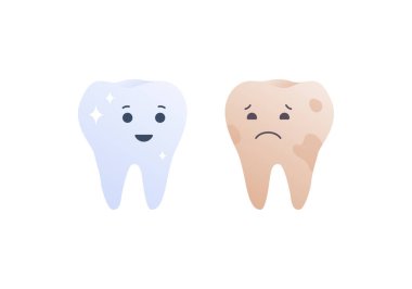 Diş beyazlatma, temizlik ve stomatoloji konsepti. Vektör düz karakter çizimi. Sarı üzgün ve mutlu beyaz dişler. Emoji ikonu. Sağlık ve dişçilik için tasarım