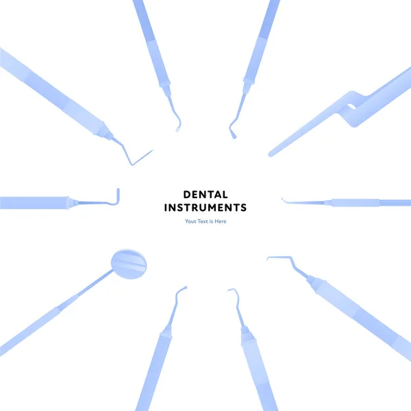 牙科诊所的概念 病媒的医疗保健说明 正方形横幅模板 带白底文字的牙科设备和仪器 口腔健康护理设计 — 图库矢量图片