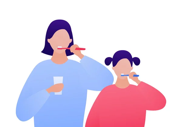 歯ブラシと歯科朝のルーチンの概念 ベクトルフラット人のイラスト 白い背景に隔離された娘歯ブラッシングを持つ女性の母親 医療用デザイン — ストックベクタ