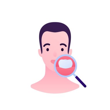 Dişçi kliniği konsepti. Vektör flar sağlık hizmeti çizimi. Beyaz arka planda izole edilmiş dişlere bakan insan yüzü ve büyüteç. Oral sağlık hizmeti için tasarım