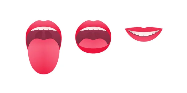 Menschlicher Mund Mit Zähnen Vektorflaches Illustrationsset Lächeln Und Zunge Lecken — Stockvektor