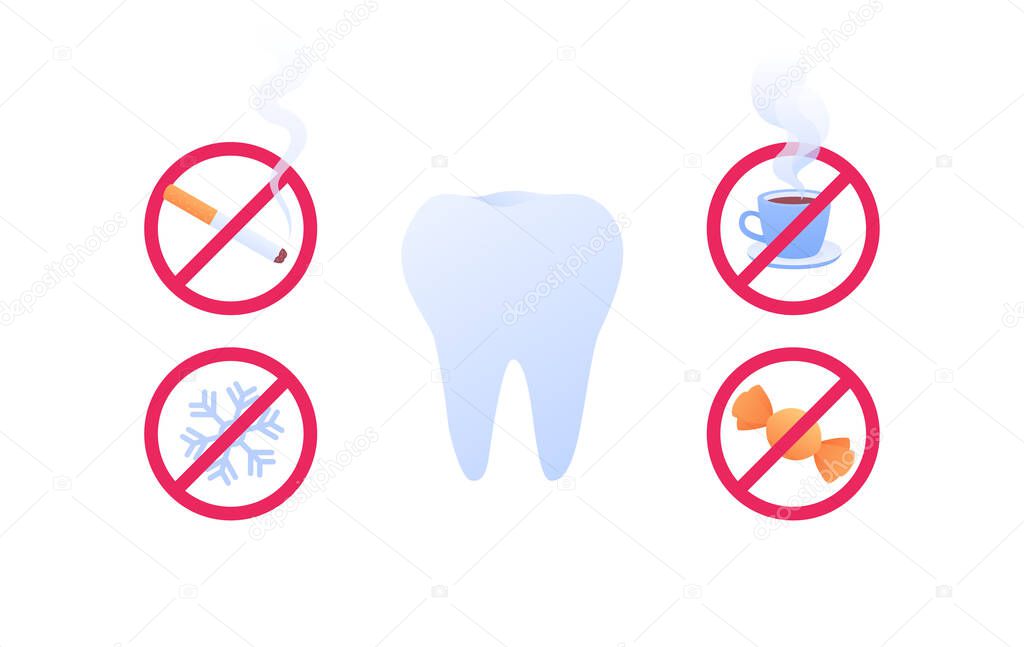 Healthy teeth infographic. Vector flat healthcare illustration. Tooth with red stop sign symbol. Smoke, sugar, coffee signs isolated on white background. Design for dental health poster.