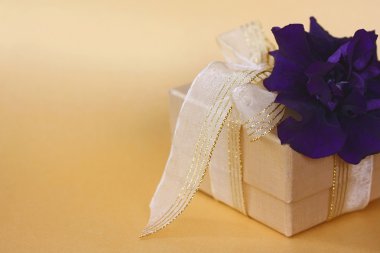 Petunya golden üzerinde kaset ve menekşe çiçeği ile altın hediye kutusu