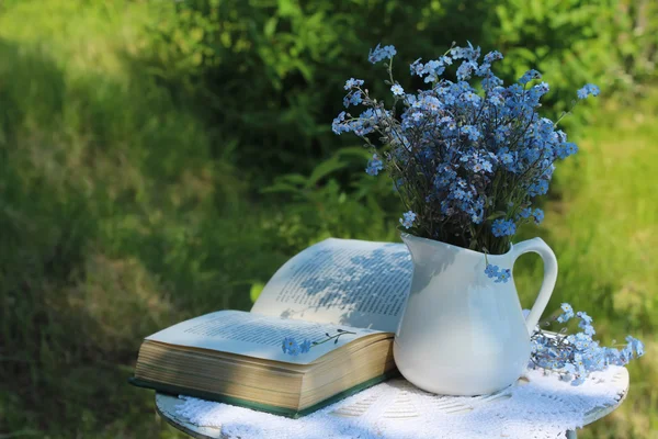 Pot blanc avec bouquet d'oubliettes sur la vieille table et l'op — Photo