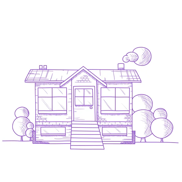 Hand drawn house with trees on ground — Stock Vector