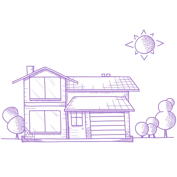 Hand drawn house with trees on ground — Stock Vector