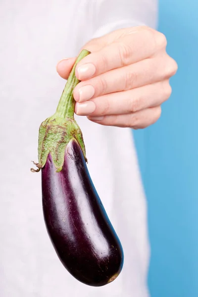 Hand Met Verse Rijpe Paarse Aubergine — Stockfoto