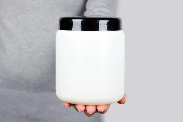 Hand White Cosmetic Bottle — Stock Photo, Image