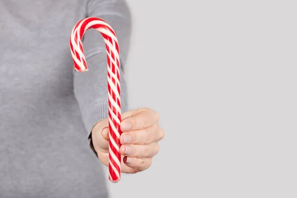 Hand Red Striped Candy Grey — Stock Photo, Image