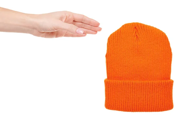 Mano Con Sombrero Invierno Naranja Aislado Blanco —  Fotos de Stock