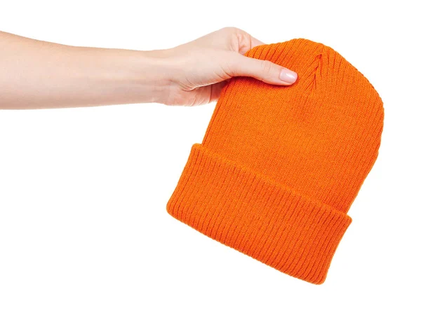 Mano Con Sombrero Invierno Naranja Aislado Blanco —  Fotos de Stock