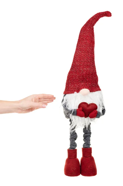 Hand Red Christmas Gnome Isolated White — Stock Photo, Image