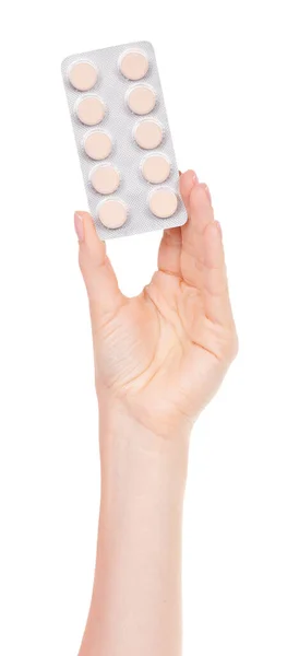 Mão Com Comprimidos Blister Isolado Branco — Fotografia de Stock