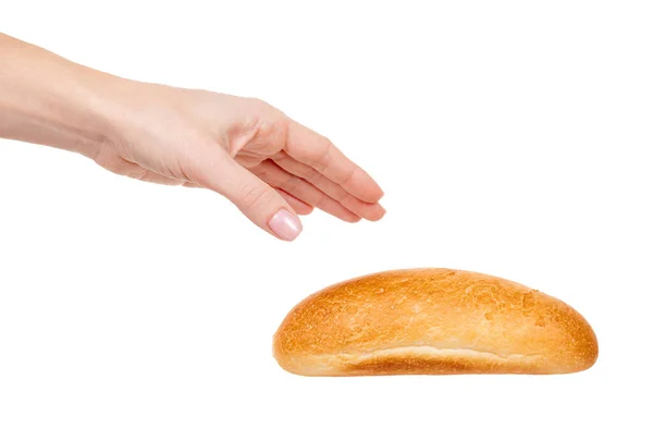 Hand Mit Frischem Brötchen Isoliert Auf Weiß — Stockfoto