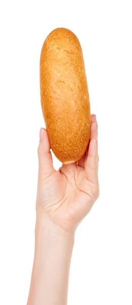 Hand Mit Frischem Brötchen Isoliert Auf Weiß — Stockfoto