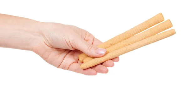 Hand Met Koekjesstick Geïsoleerd Wit — Stockfoto