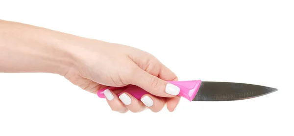 Ręka Małym Nożem Kuchennym Izolowane Białym — Zdjęcie stockowe