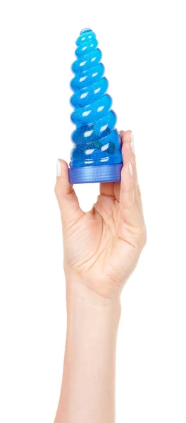 Mano Con Bottiglia Blu Con Melma Isolata Bianco — Foto Stock