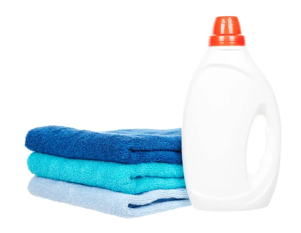 Detergent Bottle Cotton Towels Isolated White — Stock Photo, Image