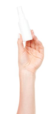 Beyaz plastik elli antiseptik izole edilmiş.