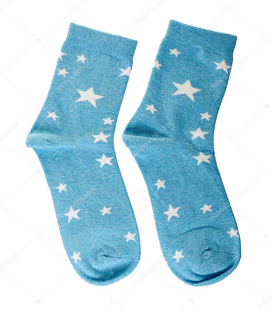 Blue cotton socks isolated on white