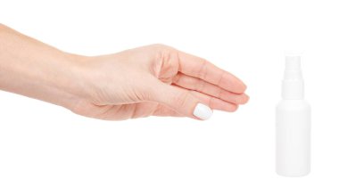 Beyaz plastik elli antiseptik izole edilmiş.