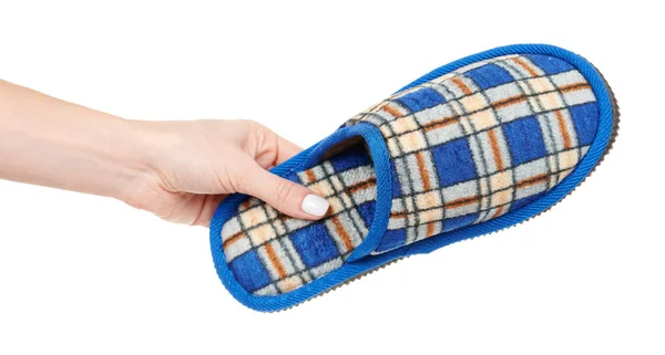 Hand Met Home Textiel Sloffen Geïsoleerd Wit — Stockfoto