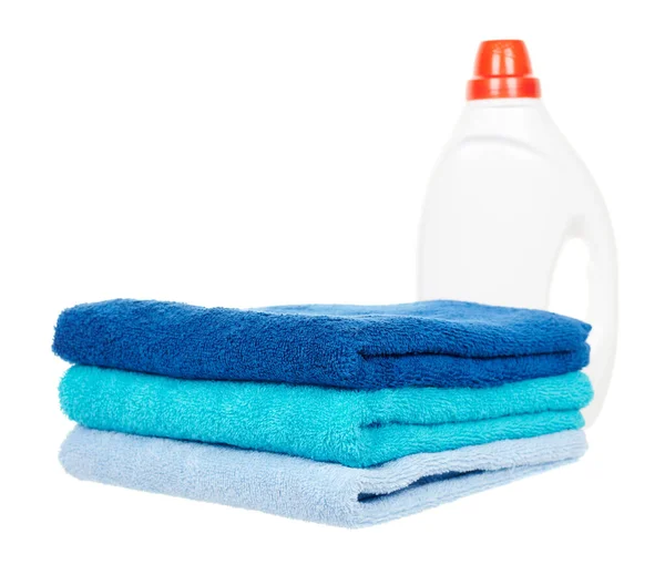 Detergent Bottle Cotton Towels Isolated White — Stock Photo, Image