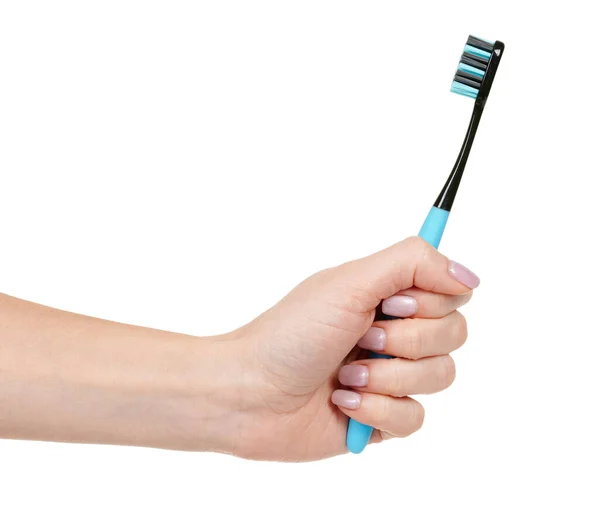 Hand Blue Dental Toothbrush Isolated White — Stock Photo, Image