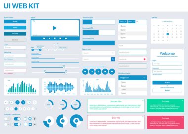 Mobil uygulamalar ve web arayüzü tasarımı için kullanıcı kiti, düz ve minimalist biçim, düğmeler ve girdiler, grafikler ve bilgi grafikleri, vektör resmi