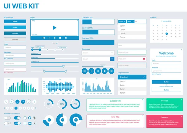 Kit de interfaz de usuario para aplicaciones móviles y diseño de interfaz web, estilo plano y minimalista, botones e entradas, gráficos e infografías, imagen vectorial — Vector de stock