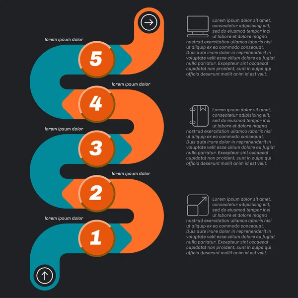 Infografiken in Schlangenform, dunkler Hintergrund mit Symbolen. — Stockvektor