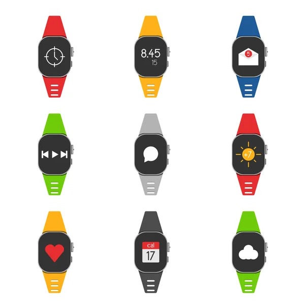 Uppsättning av smartwatch med olika bilder på dem, liksom diff — Stock vektor