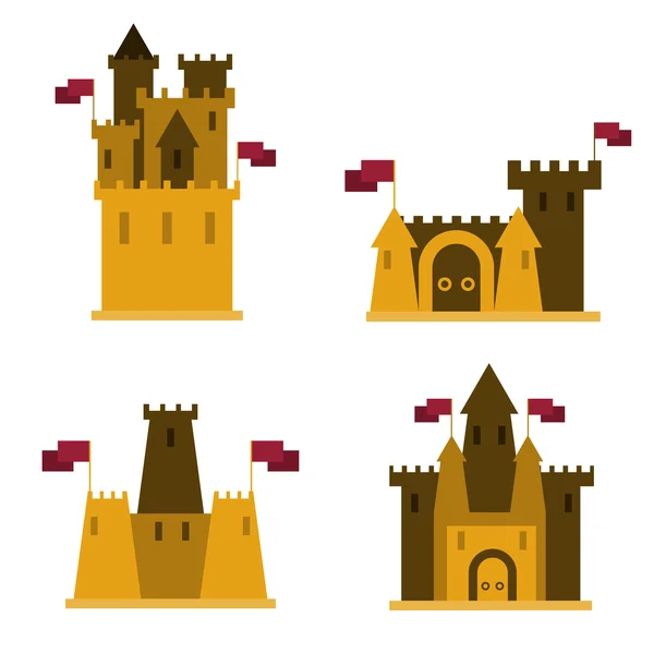 Castillos de arena, conjunto de 4 piezas, con banderas en ellos . — Vector de stock