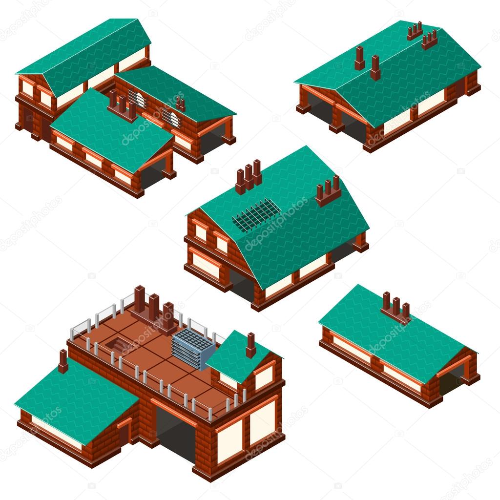 Isometric set of factories, production facility layout plan.