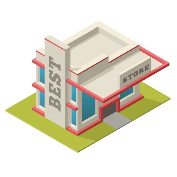 ภาพเวกเตอร์ของอาคารร้านค้าที่ดีที่สุดแบบ isometric วางไว้บน — ภาพเวกเตอร์สต็อก