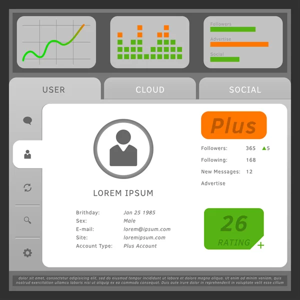 Ilustración vectorial de la interfaz de usuario web o móvil, con pestañas a — Vector de stock