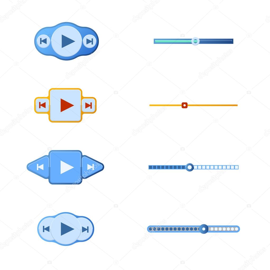 Vector illustration set of media player buttons and timelines.