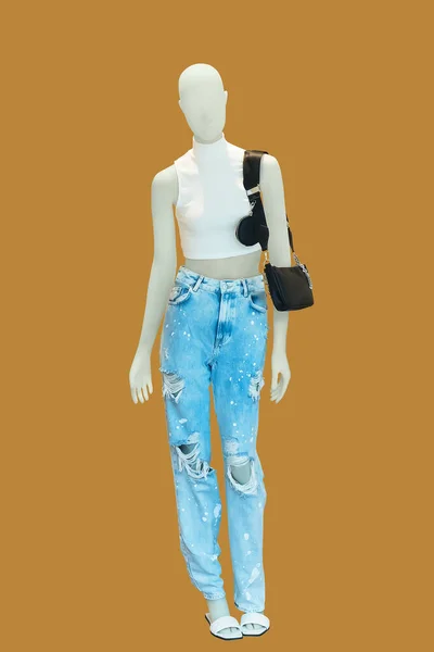 Manequim Feminino Comprimento Total Vestido Com Top Branco Jeans Azul — Fotografia de Stock