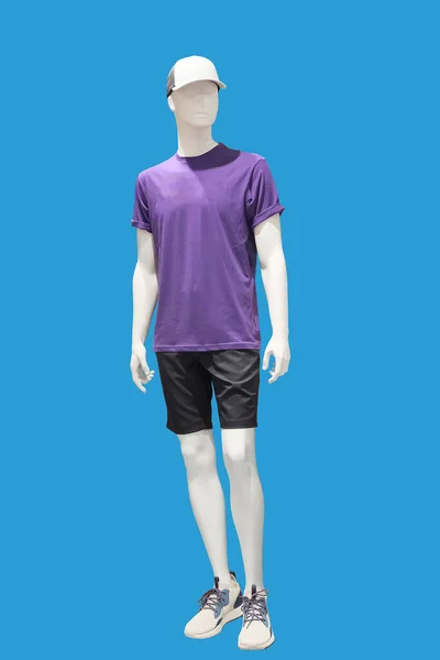Dlouhá Mužská Figurína Oblečená Neformálním Oblečení Izolovaná Modrém Pozadí Žádné — Stock fotografie