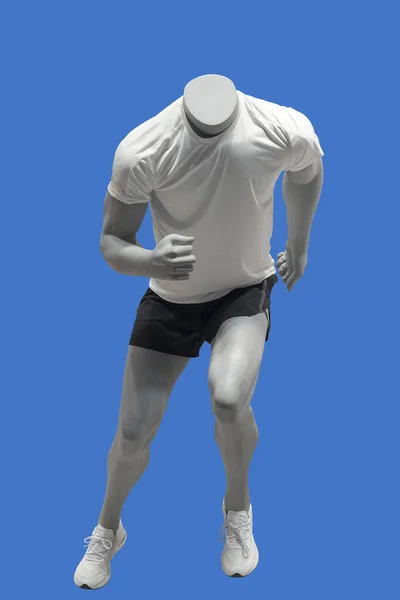 Running Male Mannequin Isolated Blue Background Brand Names Copyright Objects — Stock Photo, Image