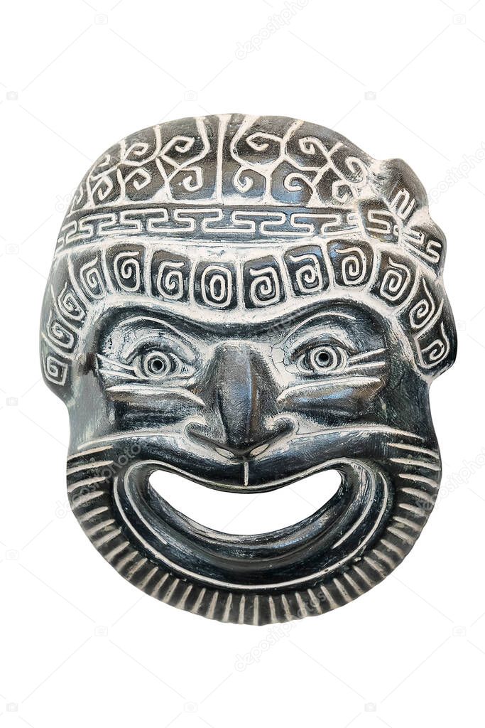 Ancient reproduced mask used from actors on Greek ancient tragedy and comedy in theater performance, isolated on white background.  Souvenir from Greece. (Taking from public area, No property release required.)