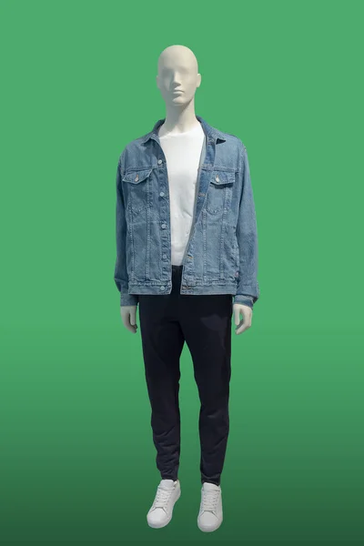 Imagem Comprimento Total Manequim Exibição Masculino Usando Jaqueta Jeans Isolada — Fotografia de Stock